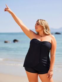 2026 New Black Strapless Two-Piece Swimsuit Women's Twist Ruched Tank Top + Boyshorts for Beach Vacation, Sexy & Tummy Control (Color: Black, size: M)