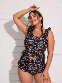 2026 New Plus Size Tankini Set: Ditsy Floral Print, Ruffle Straps, High Waist, Cute Beach Style (Color: Black, size: 1XL)