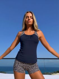 2026 New Solid Black Patchwork Leopard Print Tankini Swimsuit Women's Ruched Cover-Up Boyshort Two-Piece Bathing Suit for Beach Vacation (Color: Black, size: M)
