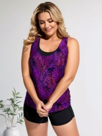 2026 New Purple Tropical Leaf Plus Size Two-Piece Swimsuit Women's Purple Leaf Tankini Top + Black High-Waisted Boyshorts for Beach Vacation (Color: Purple, size: S)