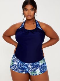 2026 New Plus Size Tankini Set: Navy Racerback Top, Blue Palm Print Shorts, Sporty Beach Style (Color: Navy, size: 3XL)