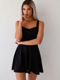 2026 New Women's One-Piece Swimsuit Dress: Black Square Neck, Twist Front, Sleeveless, Flared Skirt, Minimalist Beach Style (Color: Black, size: XL)