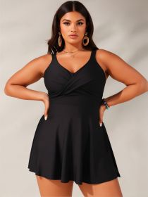 2026 New Plus Size Swimsuit Dress: Black V-Neck, Twist Front, Flared Skirt, Modest Curvy Beach Style (Color: Black, size: 1XL)