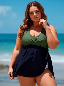 2026 New Women's Plus Size One-Piece Swimsuit Dress: Olive Green & Navy, Halter Neck, Wrap Skirt, Curvy-Friendly Beach Style (Color: Olive Green, size: 2XL)