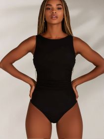 2026 New Women's One-Piece Swimsuit: High Neck, Ruched Waist, High Cut, Elegant Minimalist Beach Style (Color: Black, size: S)