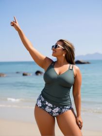 2026 New Plus Size Dark Green Floral Two-Piece Swimsuit Women's Double Strap Ruched Tankini Top + High-Waisted Printed Briefs for Beach Vacation (Color: Army Green, size: S)