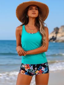 2026 New Turquoise & Tropical Floral 3-Piece Swimsuit Women's Racerback Tank Top + Printed Boyshorts for Beach Vacation, Fresh & Slimming (Color: Lake Blue, size: XL)