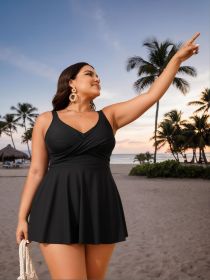 2026 New Plus Size Black Swimdress One-Piece Swimsuit Women's Cross V-Neck Tummy Control Bathing Suit for Beach Vacation, Elegant & Modest (Color: Black, size: L)