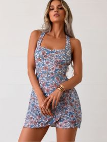 2026 New Women's One-Piece Swimsuit Dress: Blue Pink Floral Print, Halter Neck, Ruched Waist, Sweet Beach Style (Color: Colorway, size: M)