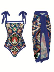 Boho Ethnic Print Swimwear with Cover Up, Tie-Shoulder Swimsuit + Wrap Skirt, Trendy Swimwear for Pool Party (Color: Navy, size: XL)
