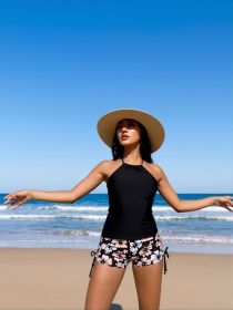 2026 New Flattering Tankini Set: Black Halter Top, Floral Print Tie Side Shorts, Beach Vacation Style (Color: Black, size: M)