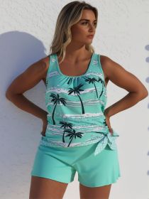 Women's Tropical Palm Print Tankini Set, Mint Green Tie-Knot Hem Top with Polka Dot Trim and Boyshort Bottom for Beach Vacation (Color: Lake Blue, size: 1XL)