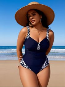 2026 New Plus Size One-Piece Swimsuit: Navy Blue, White Floral Trim, Ruched Bust, Tummy Control, Beach Vacation Style (Color: Navy, size: 3XL)
